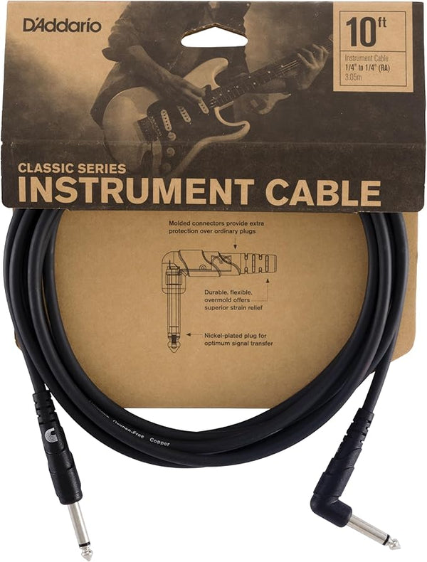 D'addario Instrument Cable Straight to Right Angled- 10ft