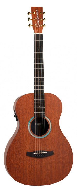Acoustic guitar with a wooden finish on a white background