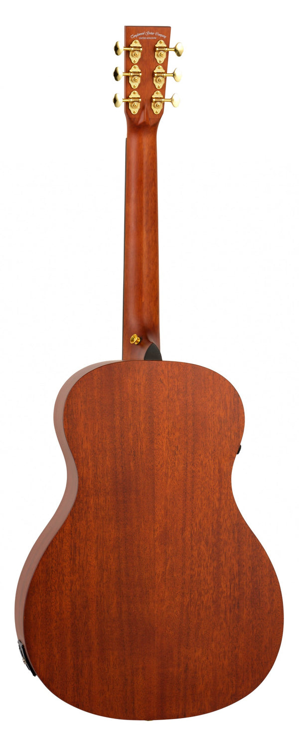 Side view of a wooden acoustic guitar on a white background