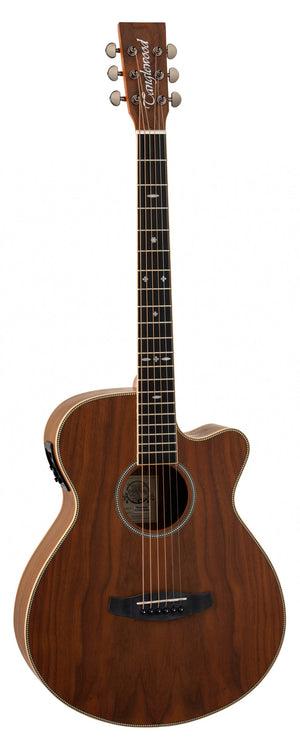 Acoustic guitar with a wooden finish on a white background