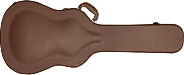 Brown guitar case with a handle on a white background