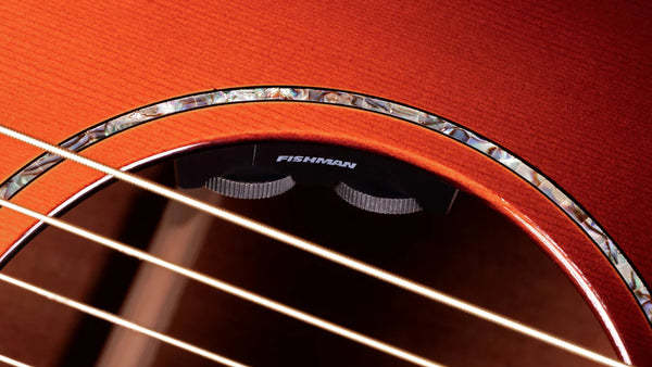 Close-up of an acoustic guitar's soundhole with Fishman branding.