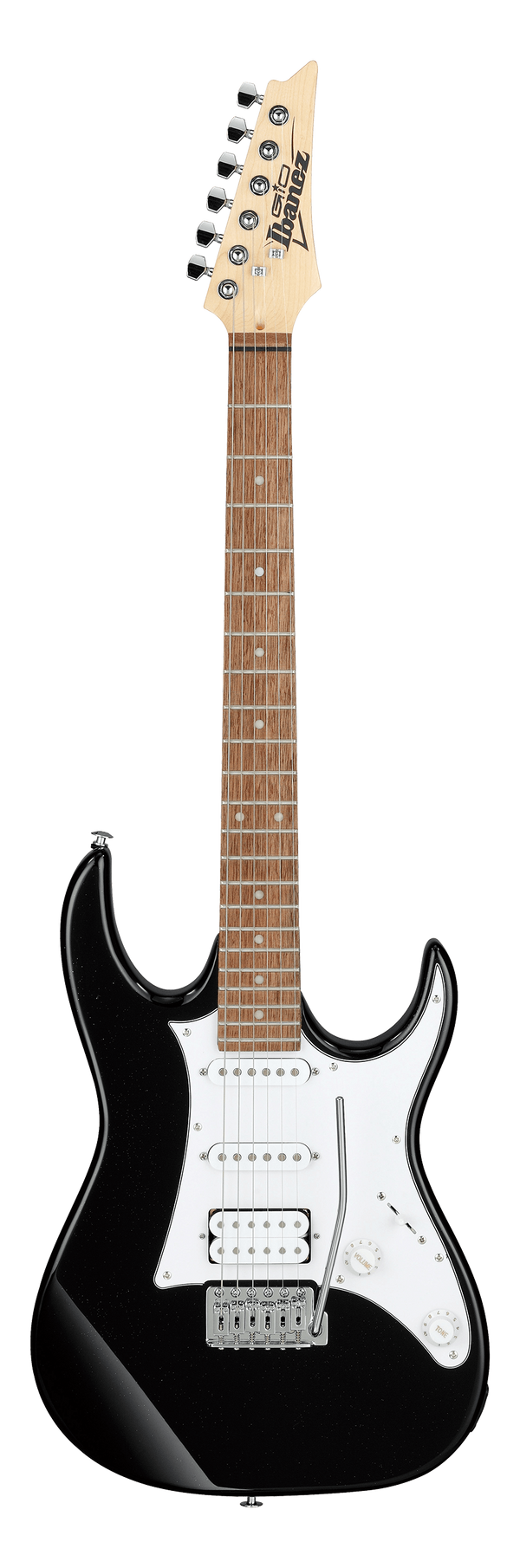 Electric guitar with a black pickguard on a white background