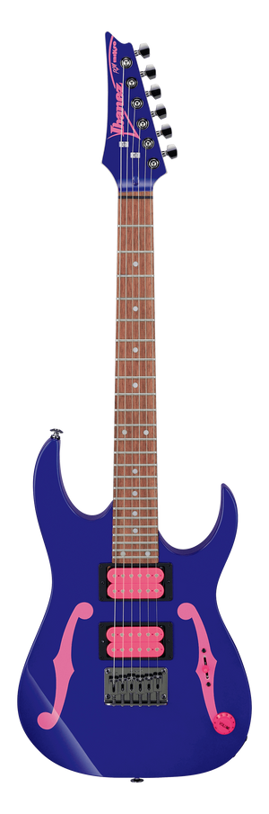 Blue electric guitar with pink details on a white background