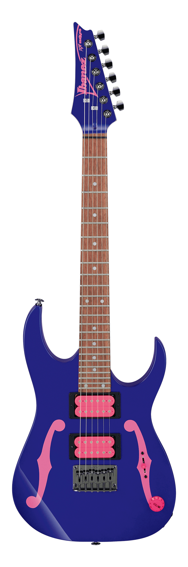 Blue electric guitar with pink details on a white background