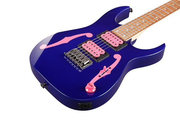 Blue electric guitar with pink accents on a white background